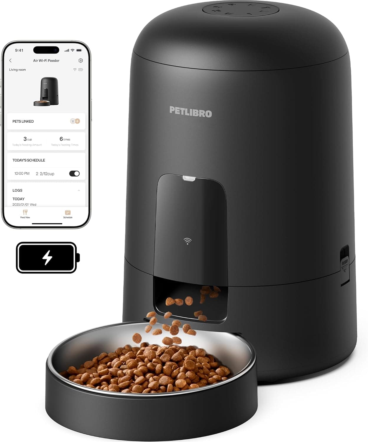 PETLIBRO AIR Automatic Cat Feeder, Wi-Fi Rechargeable, 30-Day Battery, 2L, Black