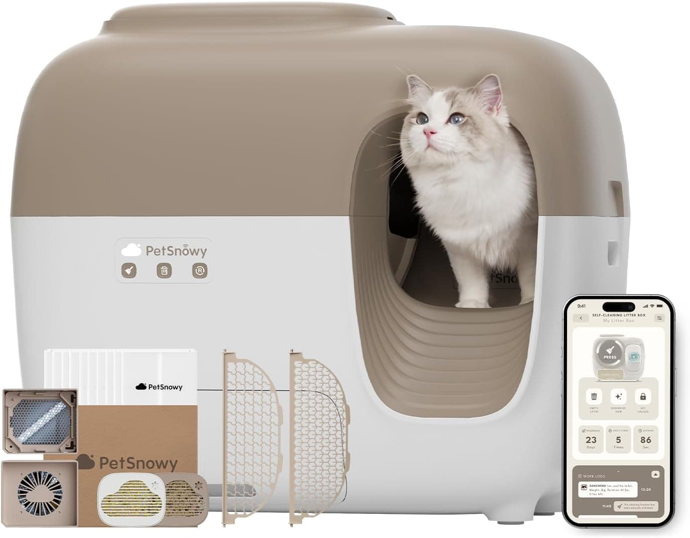 PetSnowy Self-Cleaning Automatic Cat Litter Box with Odor Control TiO2 System, Auto-Packing, App Control
