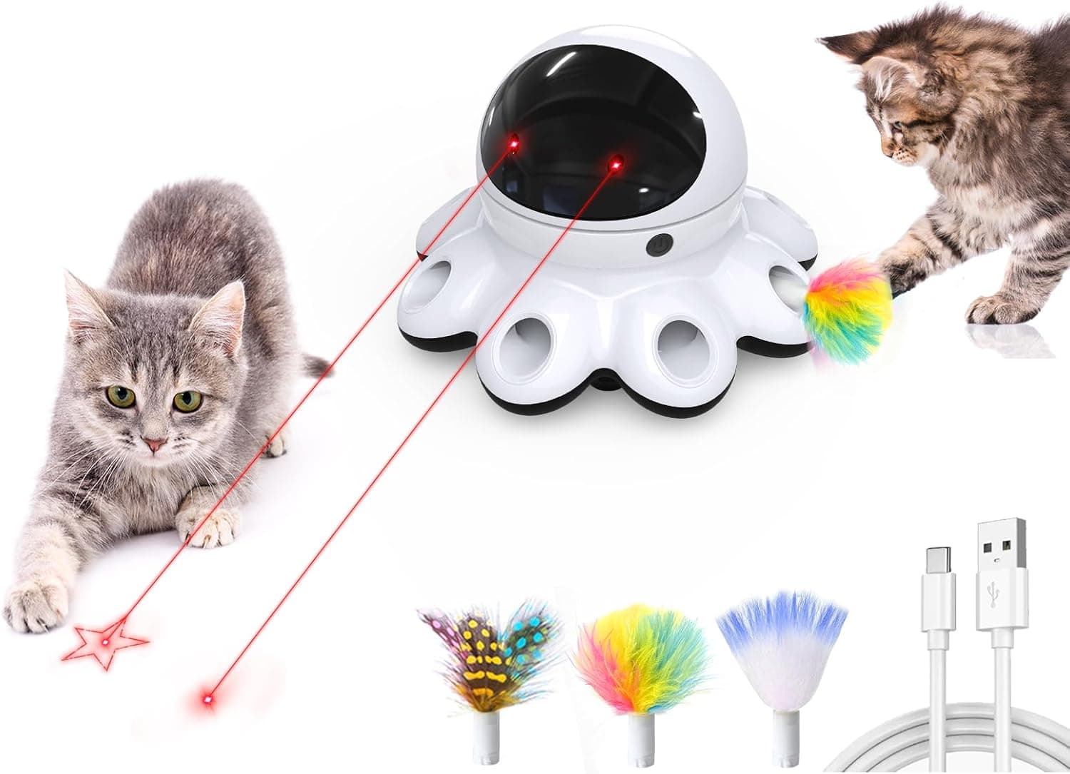 ORSDA Cat Laser Toy, 2-in-1 Interactive Automatic Motion Activated Moving 8 Holes Whack A Mole Feather, USB Rechargeable