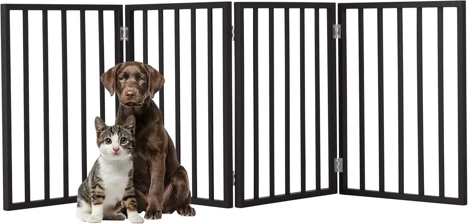 PETMAKER Pet Gate 4-Panel Indoor Foldable Dog Fence for Stairs, Hallways, or Doorways 72x24-Inch Wood Freestanding (Black)