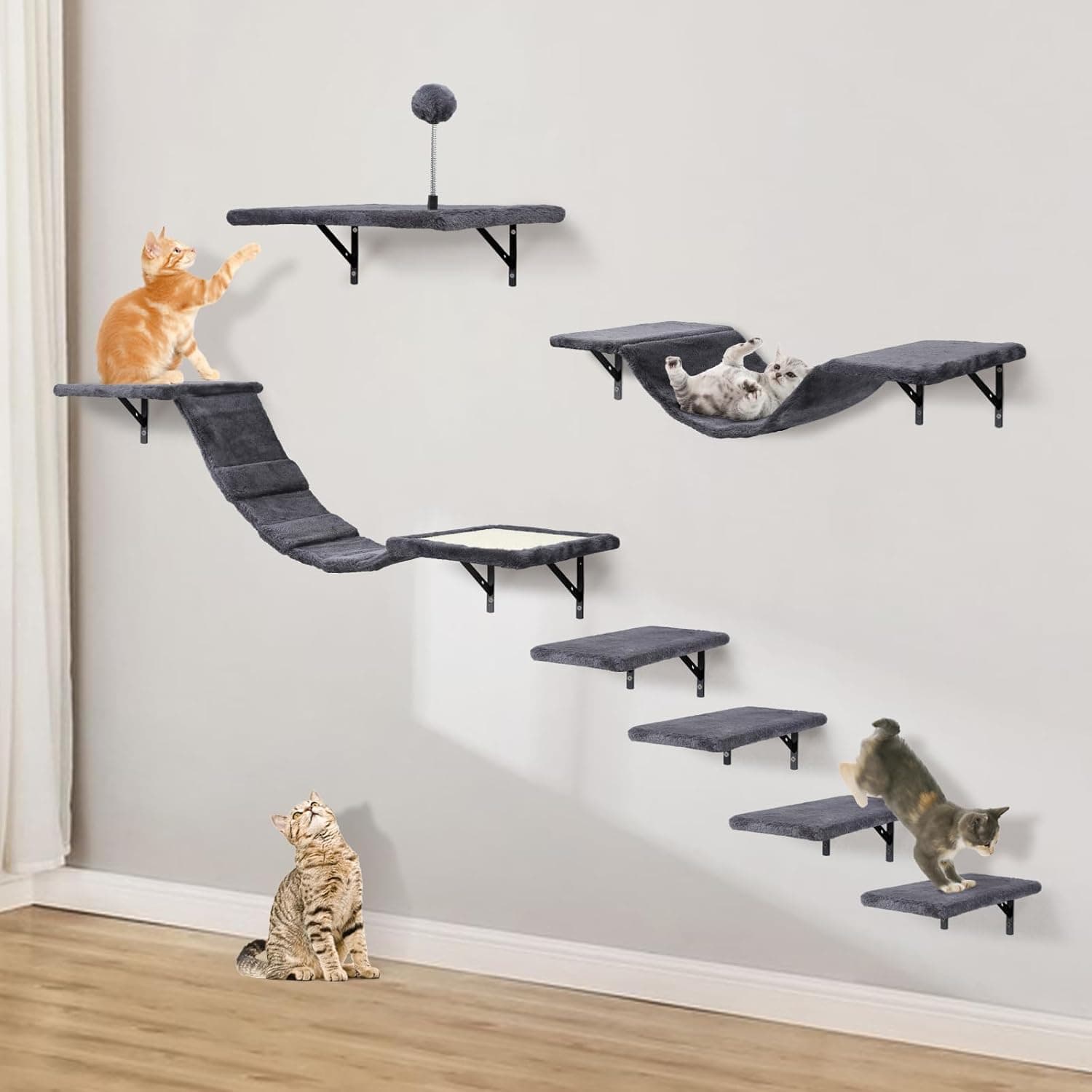 Wall-Mounted Cat Climber Set with Climbing Shelves, Perches, Bridge, Hammock, Scratching Board & Ball - 7 Pcs (Dark Grey)