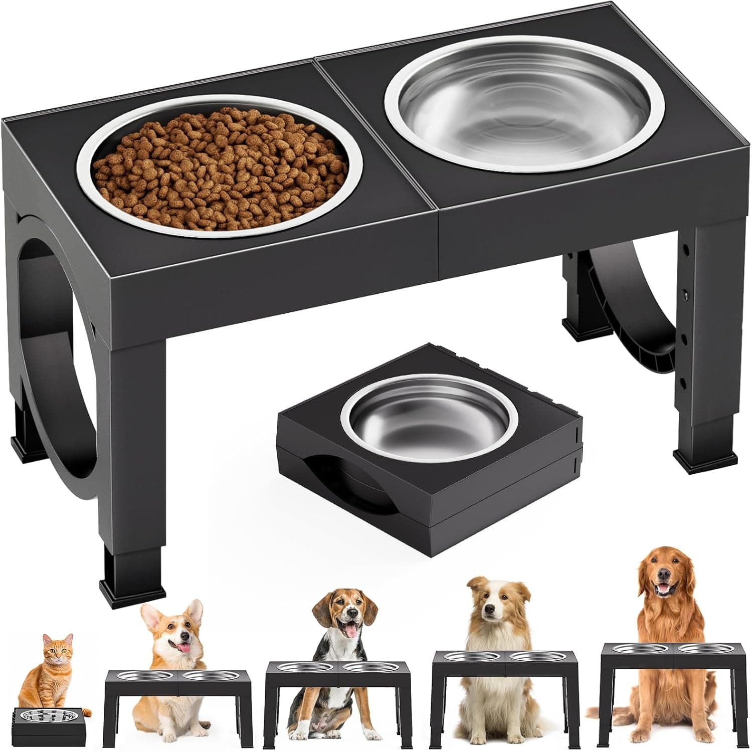 XIAZ Elevated Dog Bowls, 5 Heights Adjustable Stainless Steel Stand, Black