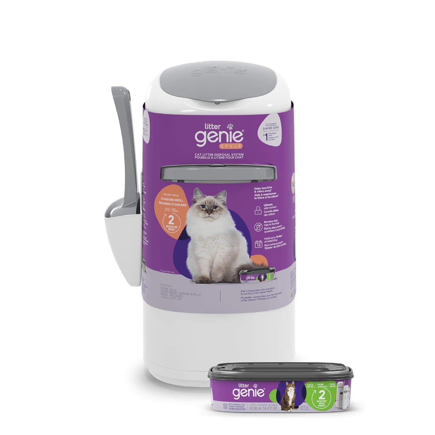 Litter Genie Style Pail Cat Litter Box Waste Disposal System for Odor Control, Includes 1 Square Refill Bag
