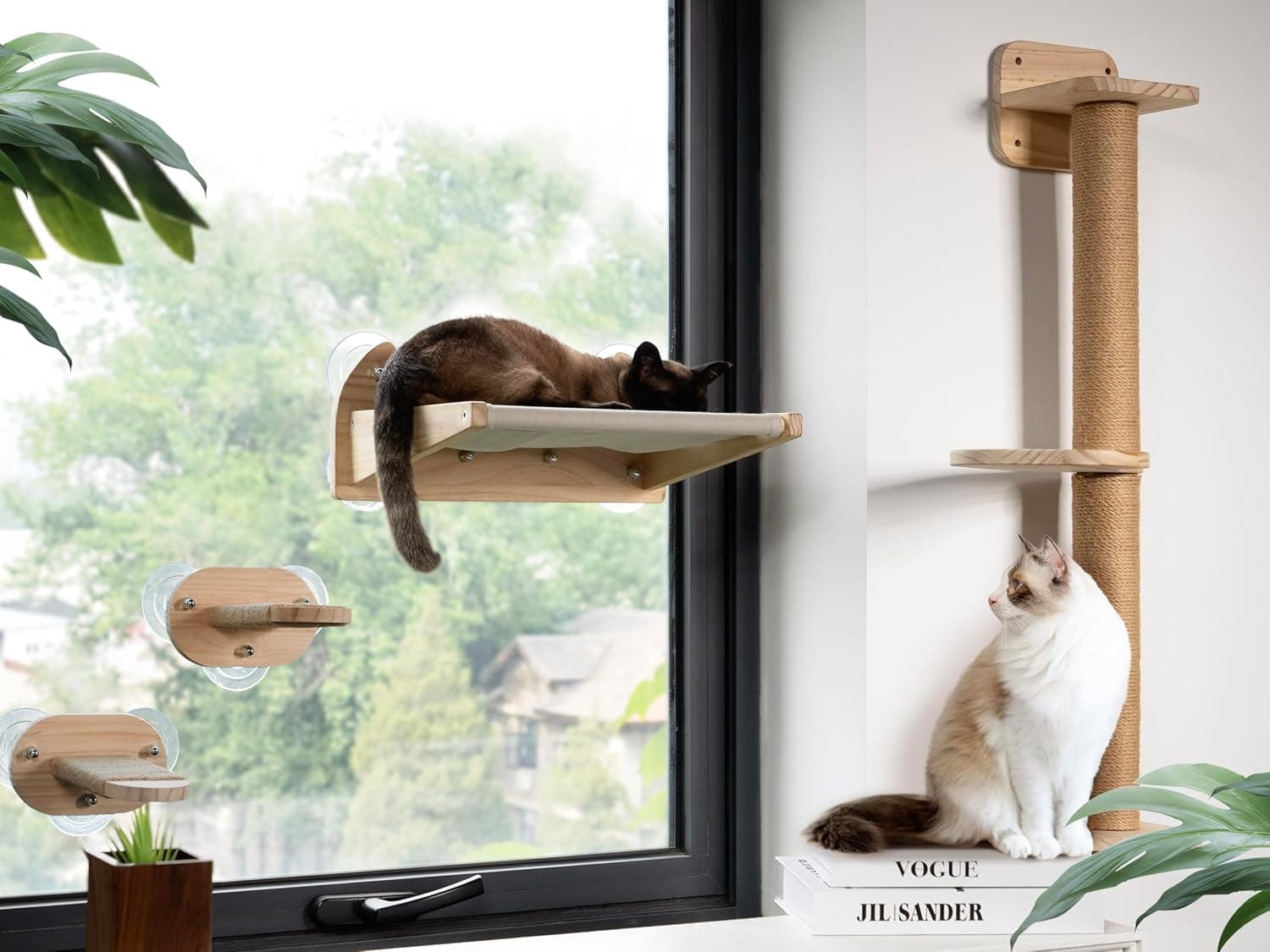 HibroPet Cat Window Perch and Cat Wall Shelves 2 in 1 Cat Hammock Steps 3 Layers Large Solid Wood Wall Mounted with 18 Pcs Suction Cups