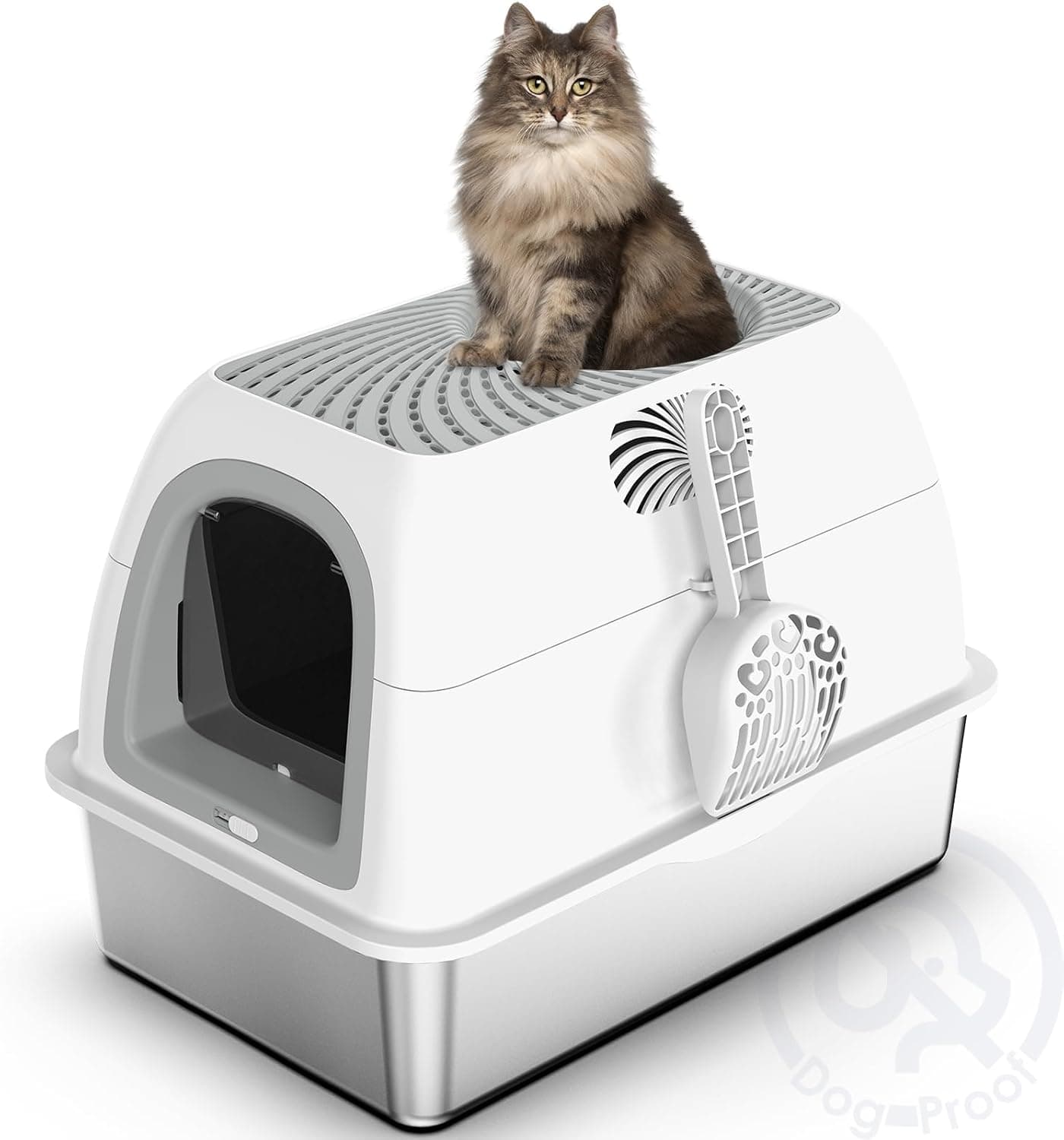SuzziPaws Stainless Steel Litter Box Top-Entry, XL Grey Hooded Lid with Filter & Scoop, Anti-Leakage Enclosed Metal Pan