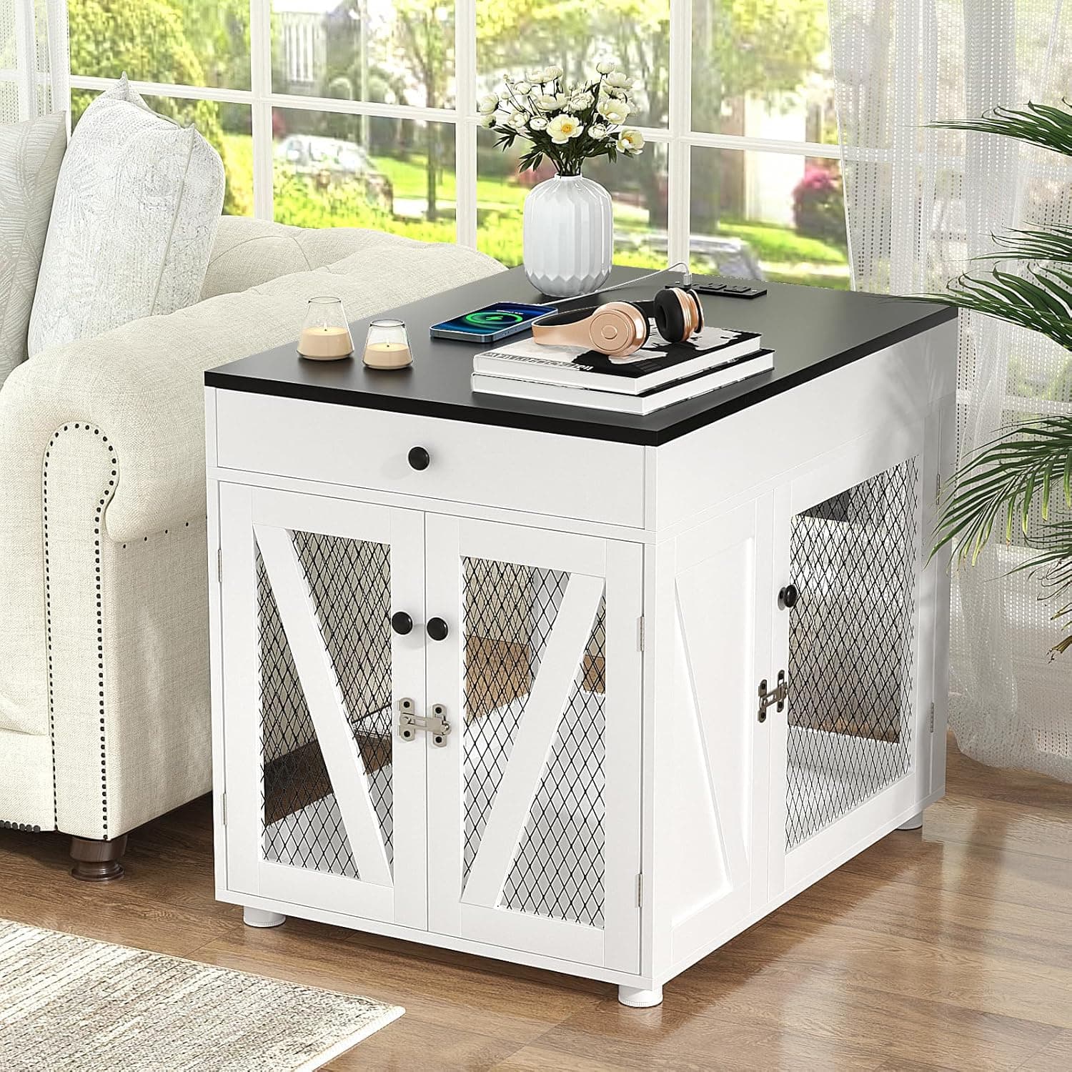 VOWNER Dog Crate Furniture Wooden End Table w/ USB Charging, Small Dogs