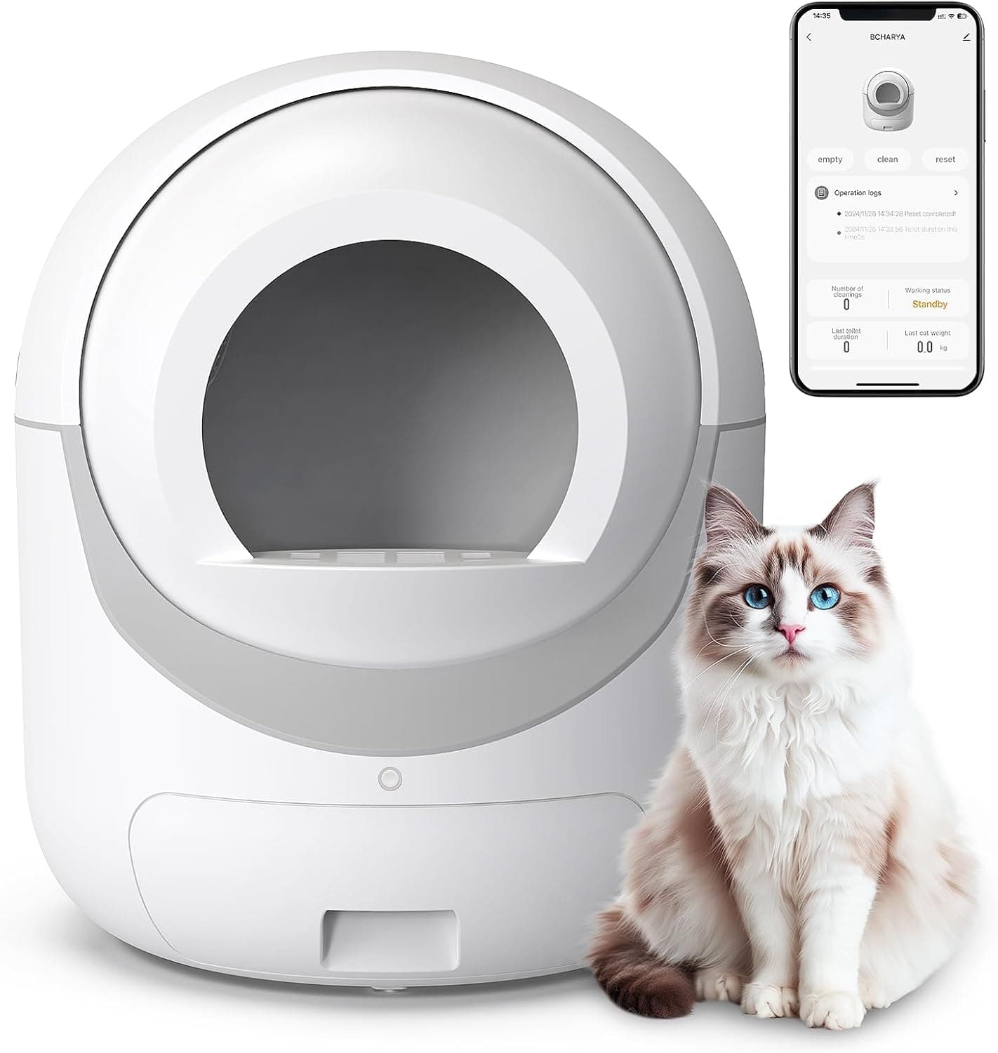 BCHARYA Self Cleaning Cat Litter Box, Automatic with APP Control Odor Removal Safety Protection for Multiple Cats