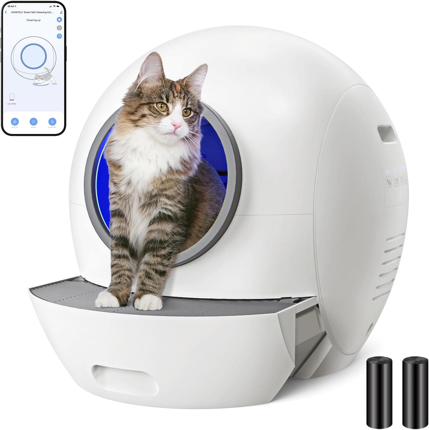 SMARTELF Self-Cleaning Automatic Cat Litter Box with APP Control Extra Large for Multiple Cats, Anti Pinch (A-White)