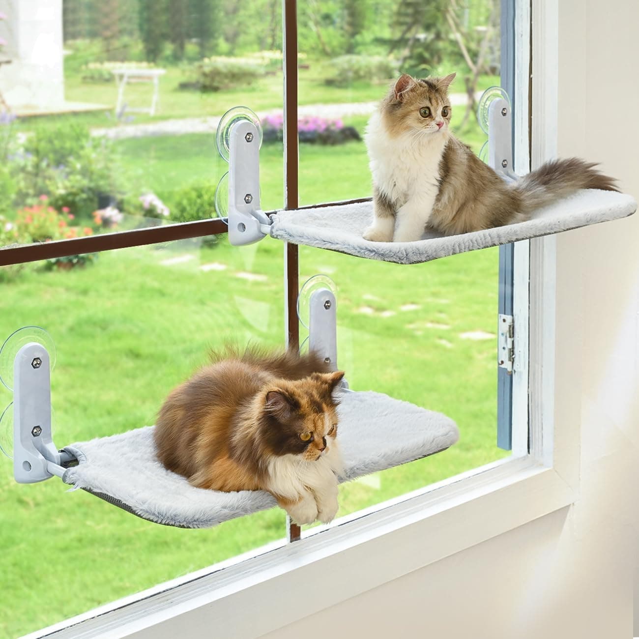 Zoratoo 2PC Cat Window Perch Cordless Foldable Cat Hammock Bed for Window with Metal Frame and Reversible Cove