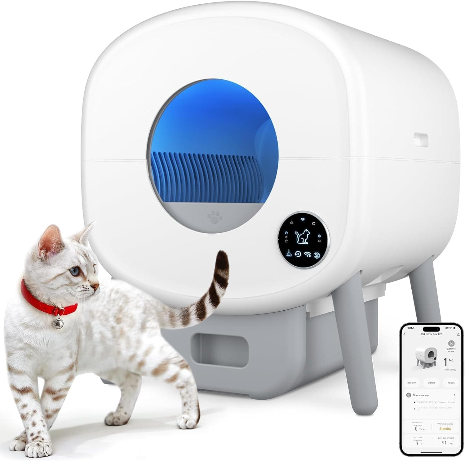 Cumrige Self Cleaning Litter Box, Large Capacity Automatic Cat Litter Box, App Control, Safety Protection, White & Grey