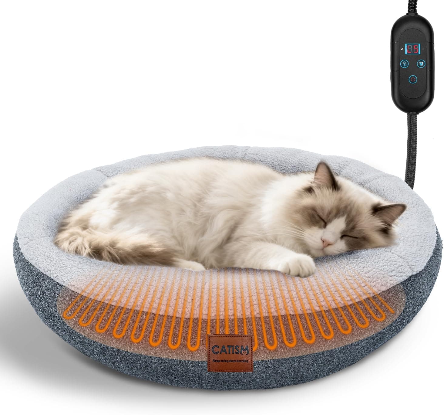 CATISM Heated Cat Bed Indoor Self Warming Donut with Timer