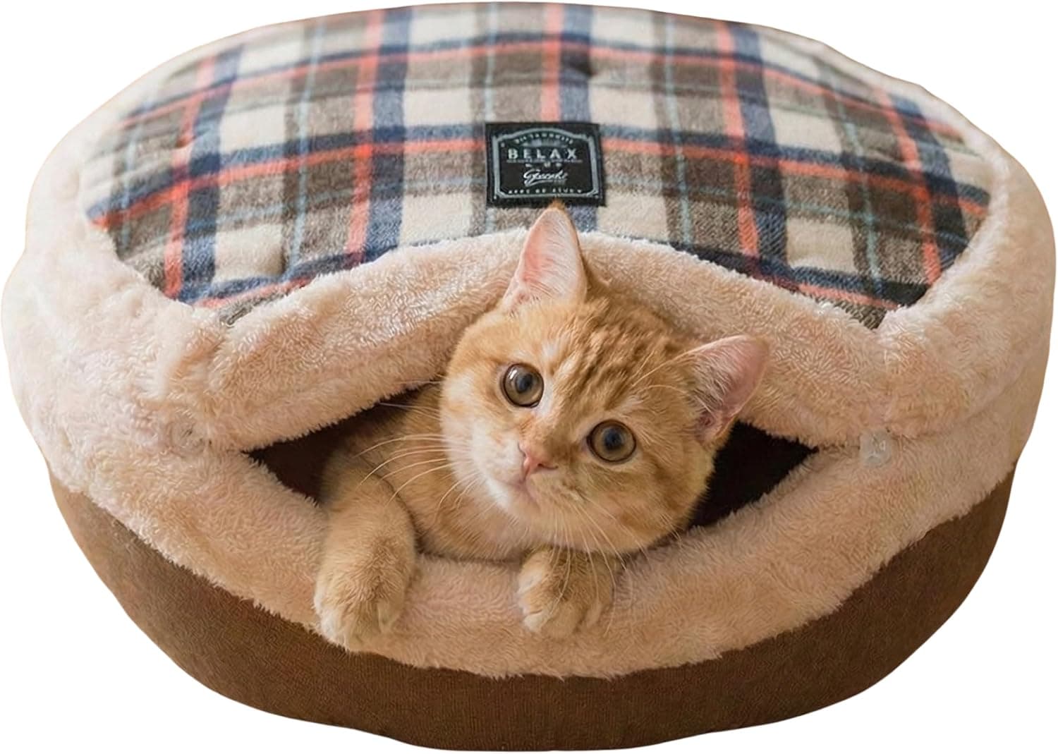 Urnat Cat Bed Cave - Enclosed Hideaway with Detachable Lid & Mat, Covered Round House (Yellow)
