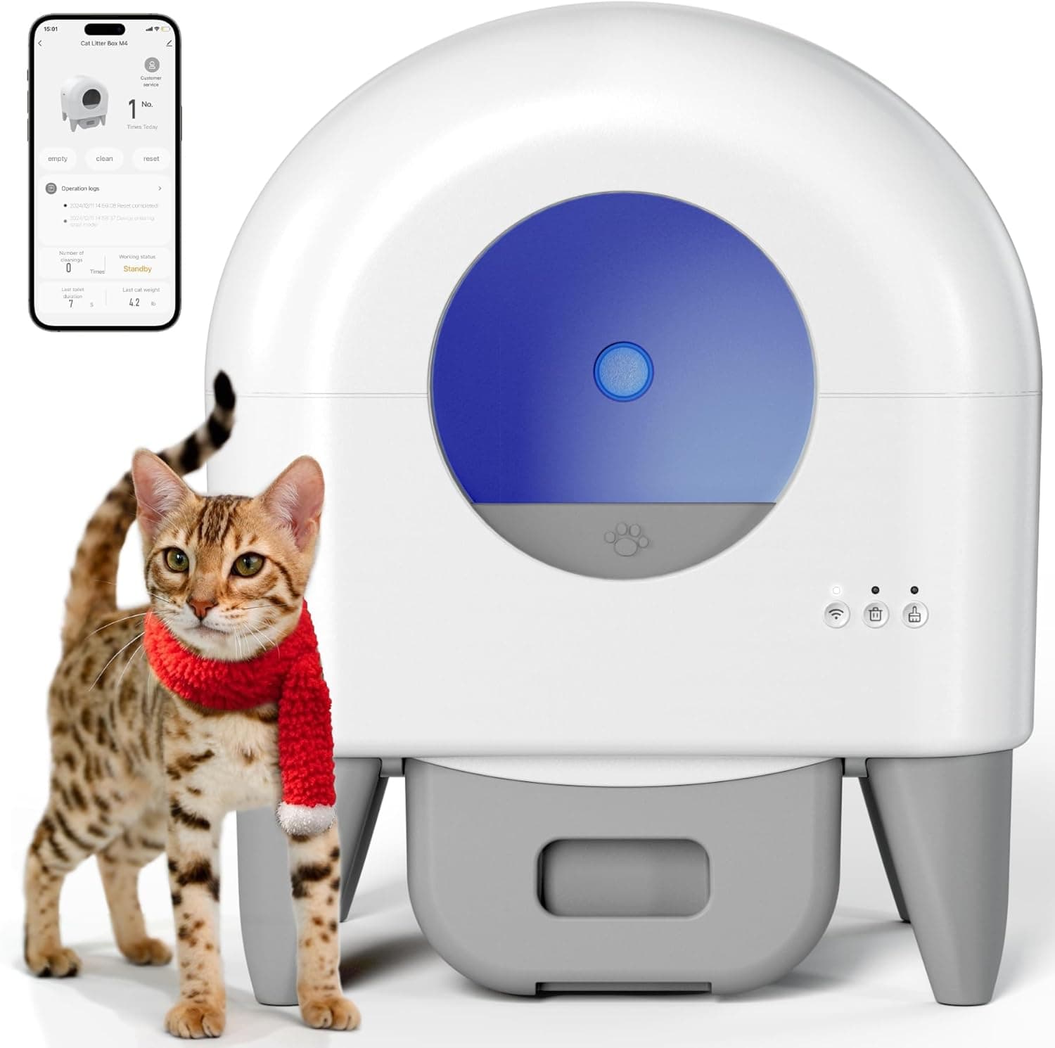 Fumoi Self Cleaning Litter Box, Automatic Large Capacity for Multiple Cats, App Control with Safety Sensors, Removable Washable Liner, Grey