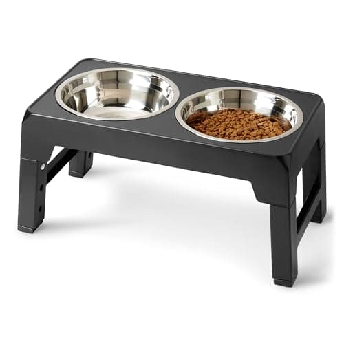 Amazon Basics Elevated Dog Bowls Stand, 5 Height Adjustable Foldable Raised Pet Feeder with Stainless Steel Bowls, Non-Slip Base, 17.3 x 9.4 x 12 in, Black