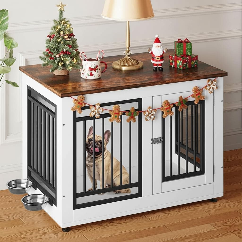 YITAHOME 35" Dog Crate Furniture Wooden End Table w/ Removable Bowls