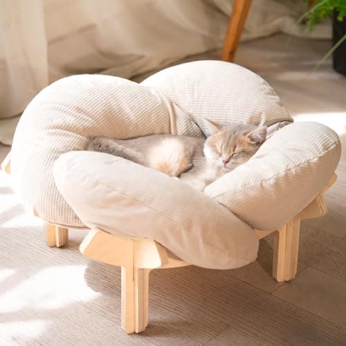 CHEERHOME PETS Elevated Cat Bed for Indoor Cats Couch Sofa Flower | Pet Beds with Soft Washable Cushion, Stable Wooden Frame, Raised Cat Hammock & Furniture for Kitty & Puppy All-Season(White)