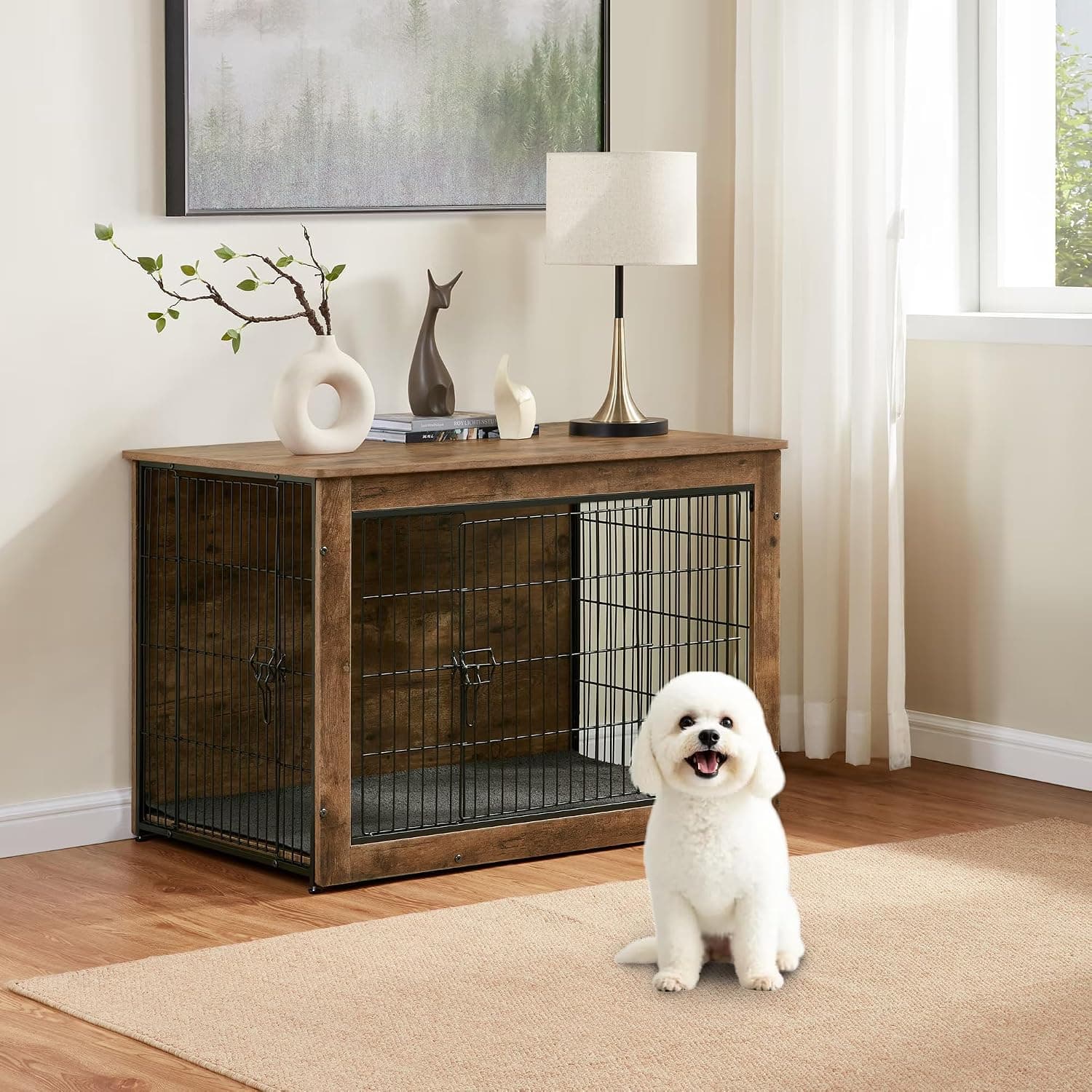 Furrnook Dog Kennel Furniture Wooden Crate End Table, Dual Doors, 27 Inch