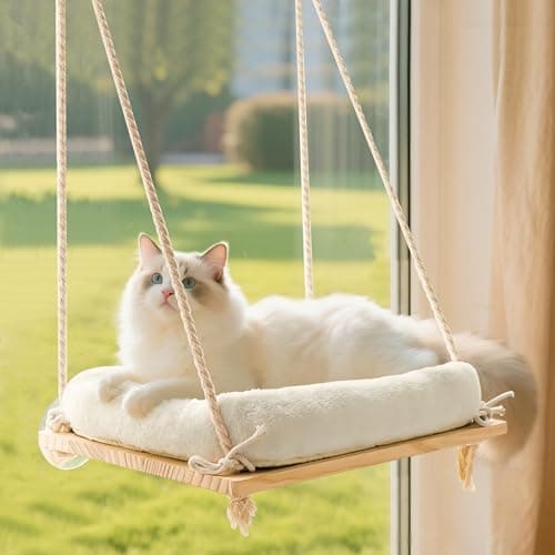 Anywish Cat Window Perch Hammock with Solid Wood Seat & Plush Cushion