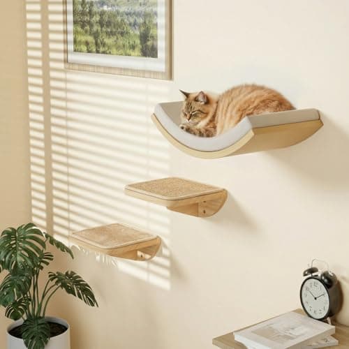 Cat Window Perches, Cat Wall Shelves with Curved Bed and 2 Sisal Mat Steps | Cat Wall Furniture with Curved Beige Bed & 2 Floating Steps for All Breeds, 3-in-1 Cat Wall Set for Climbing & Lounging