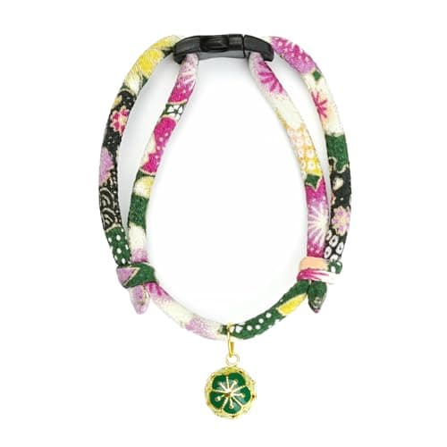 PetsMeow Breakaway Cat Collar. Japanese Plum Blossom Bell & Chic Kimono Design, Soft Adjustable Kitten Collar for Boys & Girls