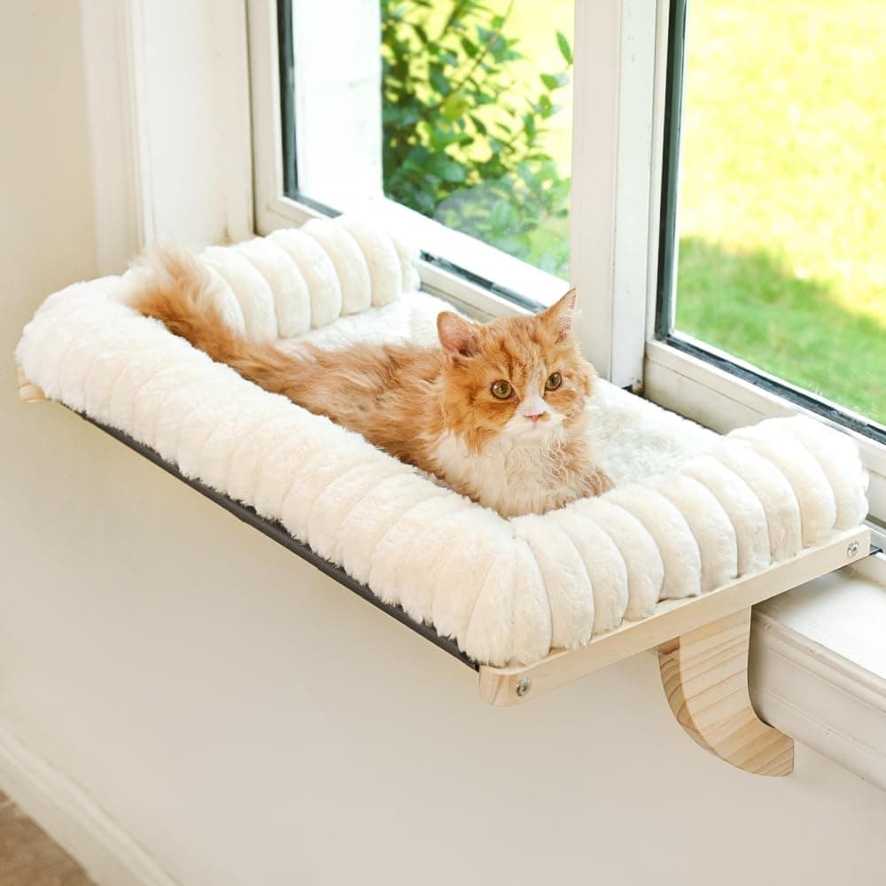 valigogo Cloud-Soft Cat Window Sill Perch with Zipper Cushioned Bed, Solid Wood & Metal Frame, Pet Hammock Bed