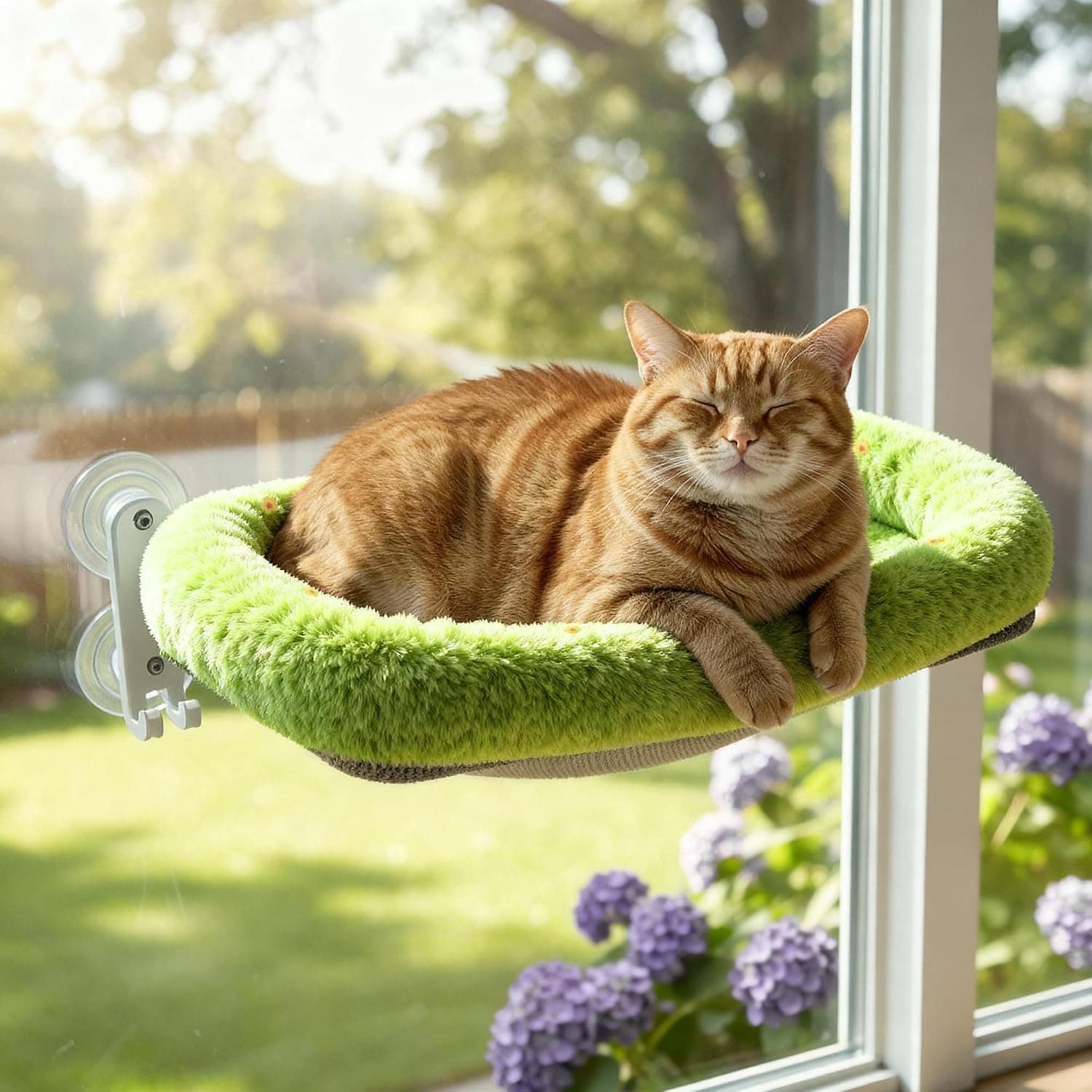 Cordless Cat Window Perch, Foldable Cat Window Hammock, 4 Strong Suction Cups, Solid Metal Frame, Patented Hook Design (Green, L)