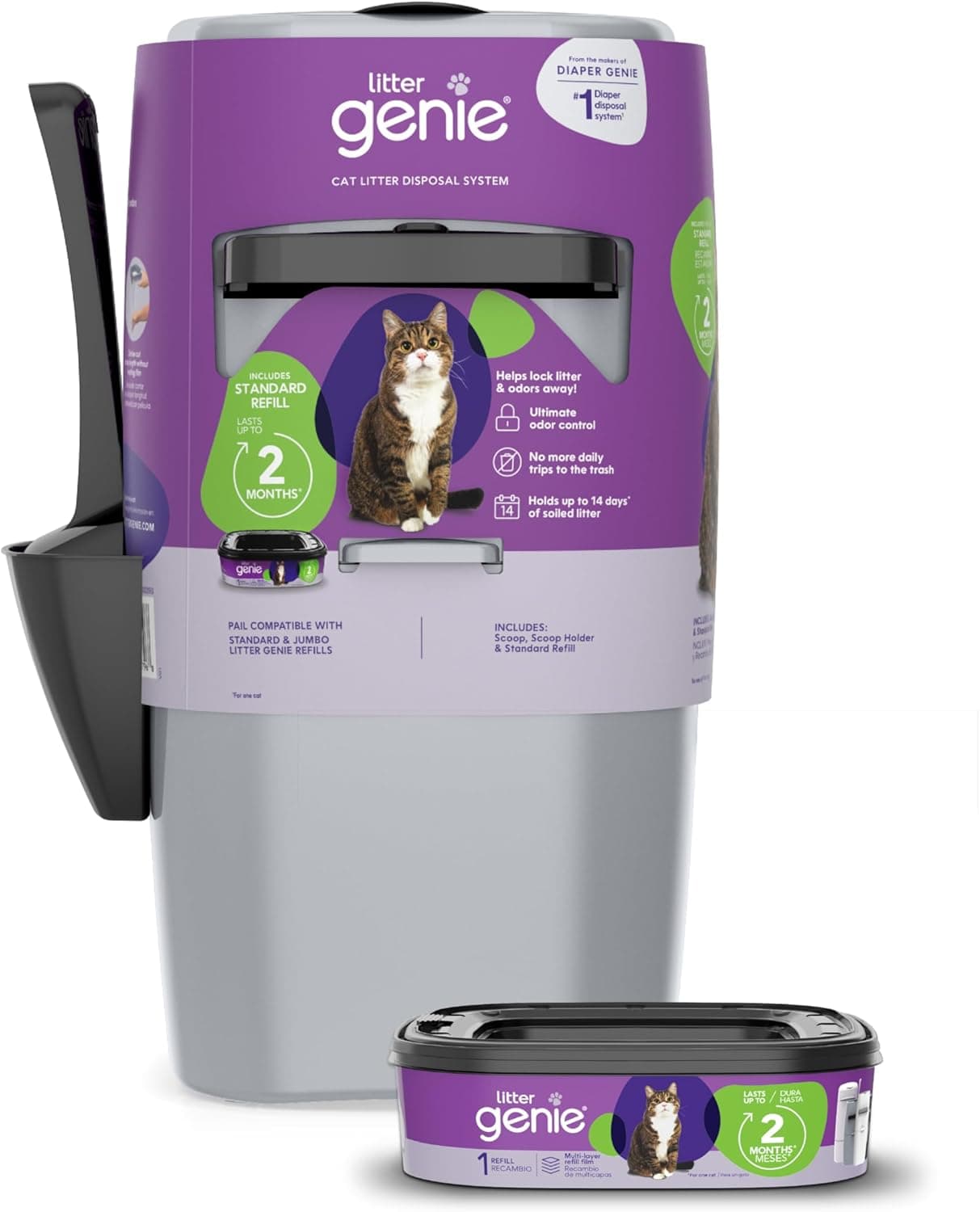 Litter Genie Standard Pail (Silver) - Cat Litter Box Waste Disposal System for Odor Control, Includes 1 Square Refill Bag