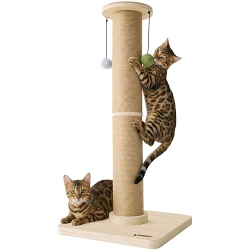 ZOMISIA 35'' Tall Cat Scratching Post for Indoor Cats Adults | 4.7'' Large Scratch Post, Thicken Wooden Base, Sisal Scratcher Top & Dangling Balls, Super Sturdy