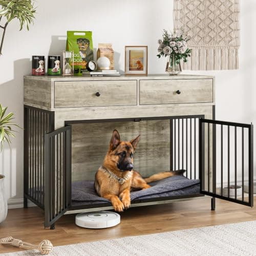 LEMBERI 44 Inch Large Dog Crate Furniture with 2 Storage Drawers, Wooden Dog Kennel Furniture as End Table, Decorative Pet Cage Dog House Indoor for Dogs, Grey