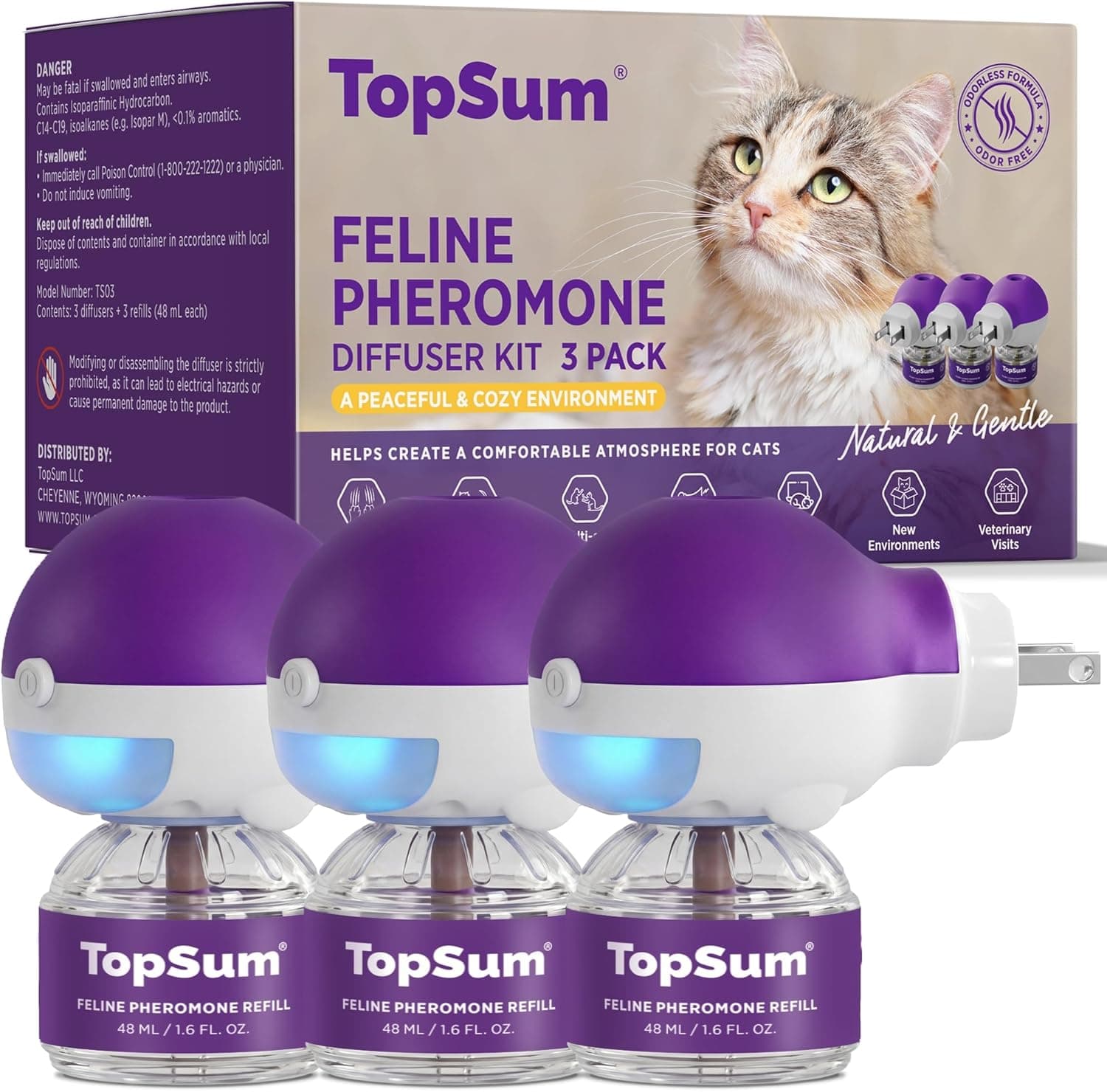 TopSum Cat Calming Pheromone Diffuser (3 Diffusers + 3 Refills)