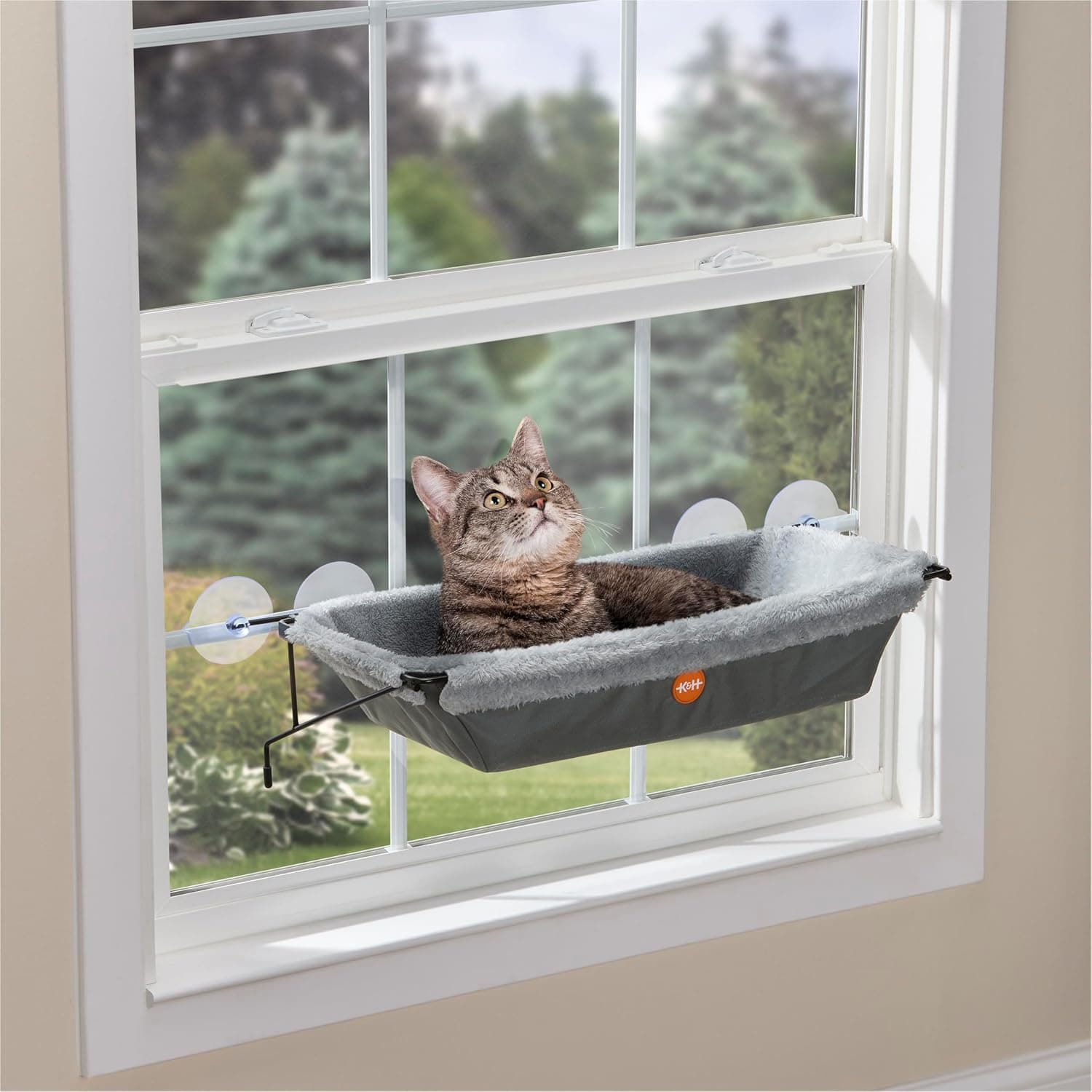 K&H Cat Window Perch EZ Mount Window Hammock Sturdy Kitty Sill Seat Strong Suction Cups Metal Frame Holds 50 lbs