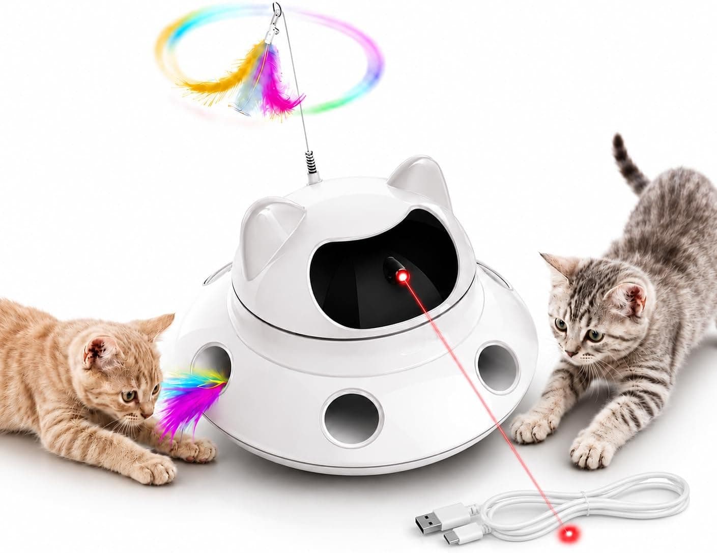 Foyoilait 3-in-1 Auto Laser Cat Toy, USB Recharge Motion Activated Kitten Feather Chase Toy