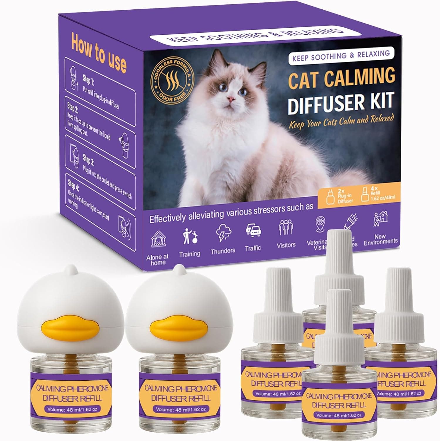 Cat Calming Pheromone Diffuser Kit, 2 Plug-Ins & 4 Refills (48ml)