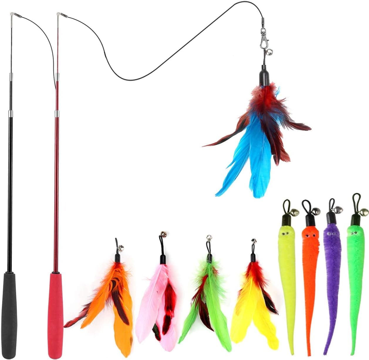 MeoHui Cat Toys for Indoor Cats, Interactive Cat Toy 2PCS Retractable Wand Toy and 9PCS Cat Feather Toys Refills